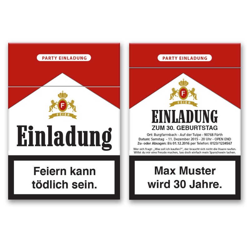 Einladungskarten als Zigarettenschachtel bestellen!