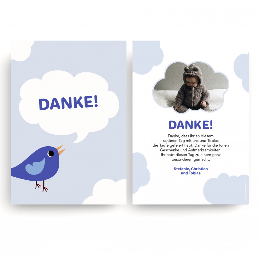 Dankeskarten Taufe - Vogel Blau