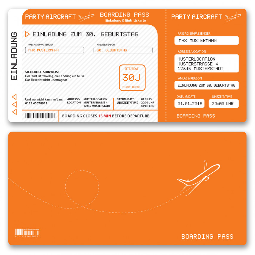 Einladungskarten als Flugticket - Orange