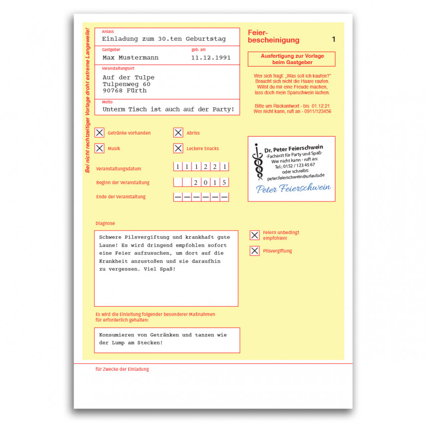 Einladungskarten als Krankschreibung