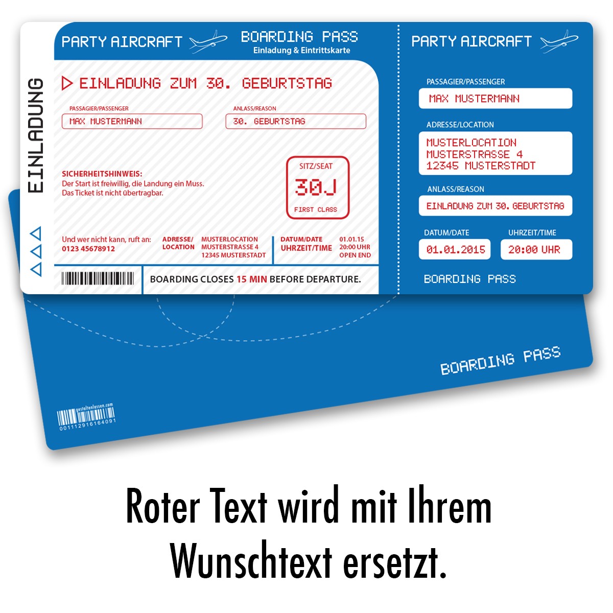 Einladungskarten als Flugticket blau online gestalten