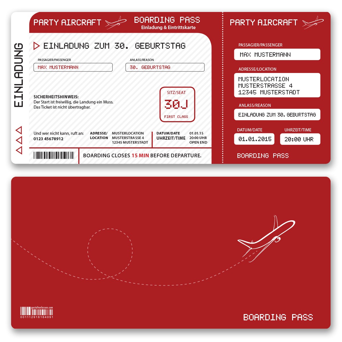 Einladungskarten als Flugticket Rot online gestalten