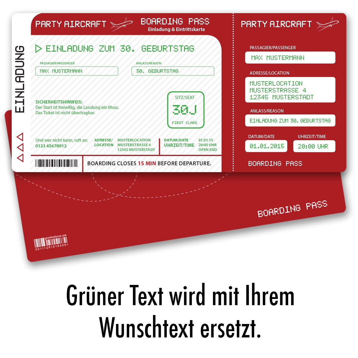 Einladungskarten als Flugticket Rot online gestalten
