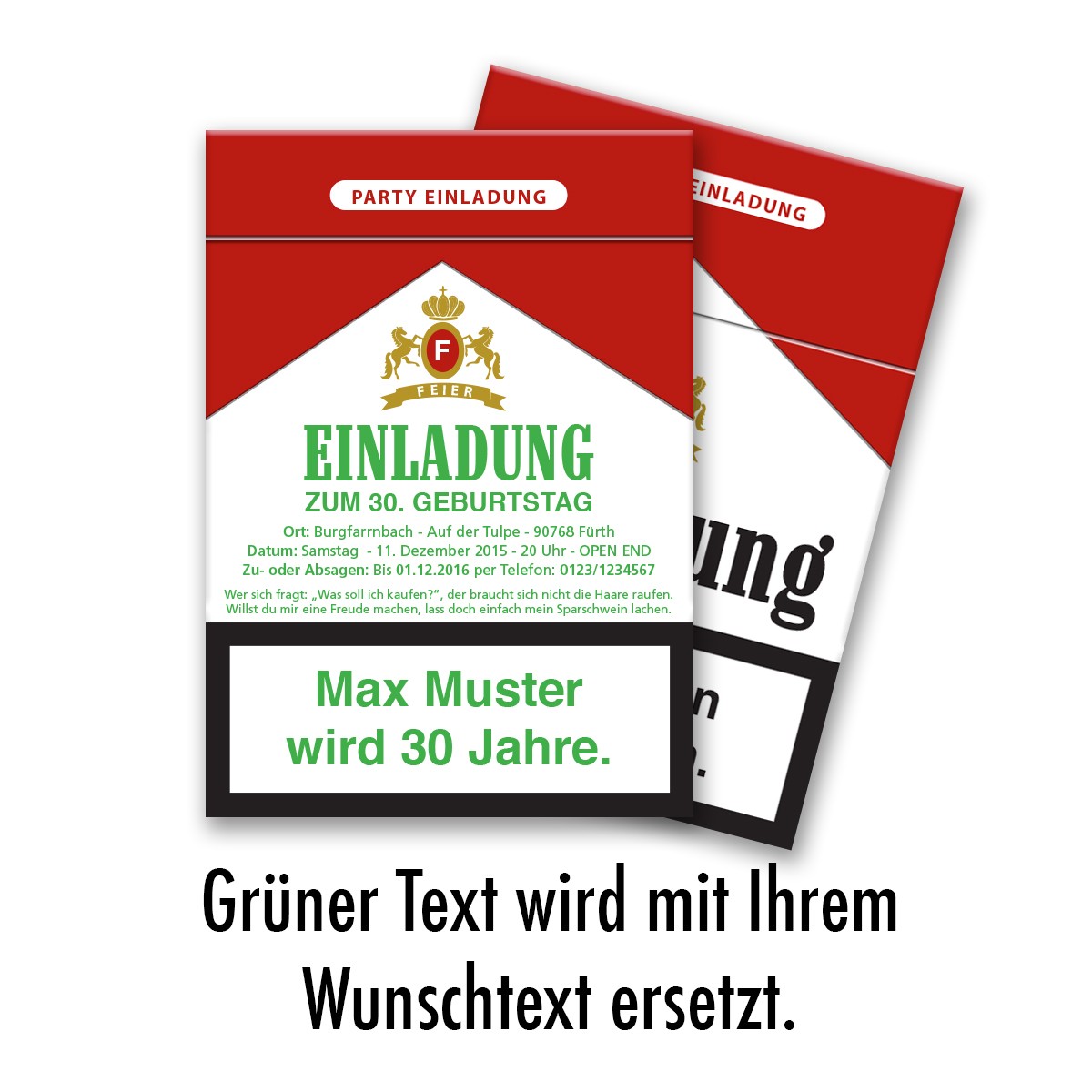 Einladungskarten als Zigarettenschachtel online gestalten