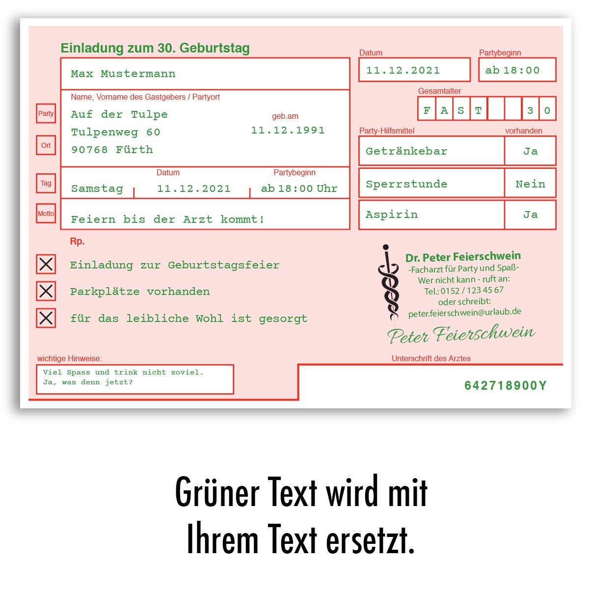 Bild von Einladungskarten als ärztliches Rezept bestellen