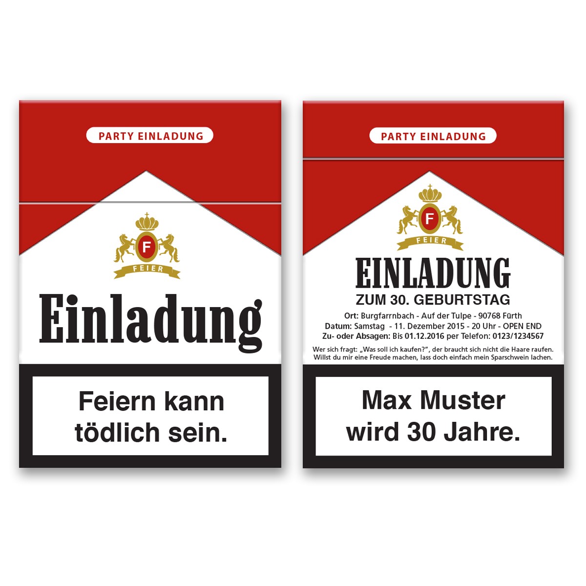 Einladungskarten als Zigarettenschachtel bestellen!