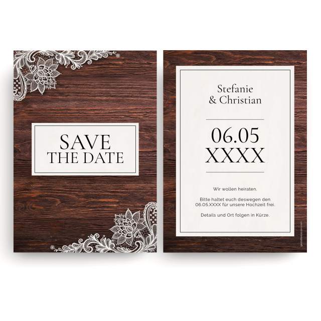Save the Date Karten zur Hochzeit - Holz Spitze