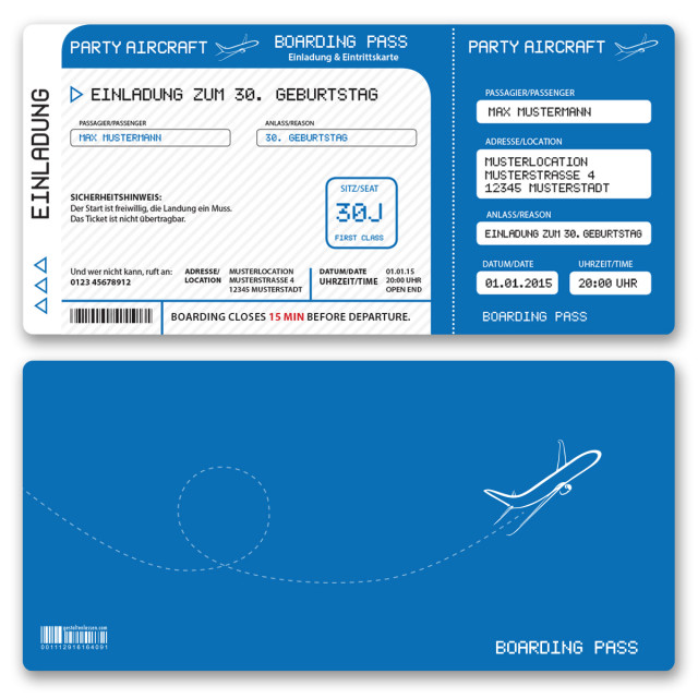 Einladungskarten als Flugticket - Blau