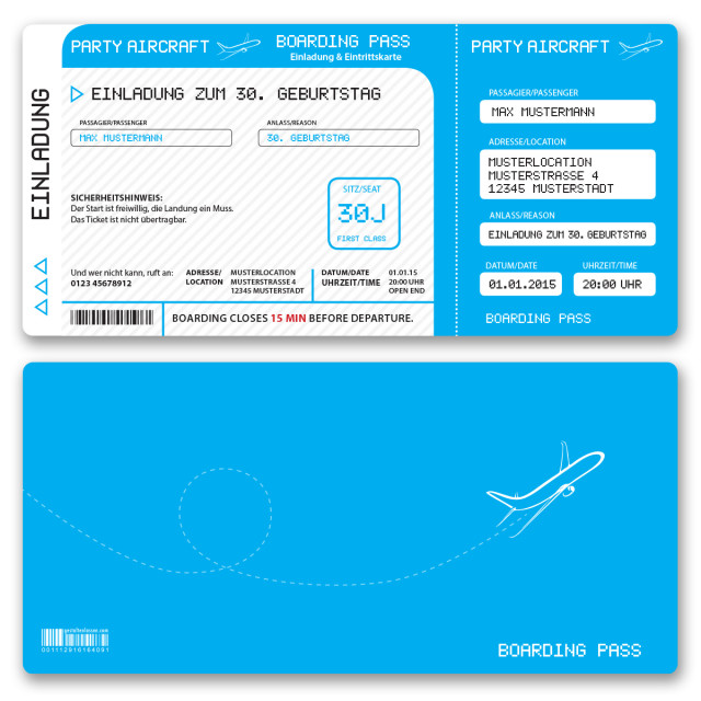 Einladungskarten als Flugticket - Cyan