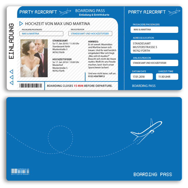 Hochzeitskarten als Flugticket - Blau