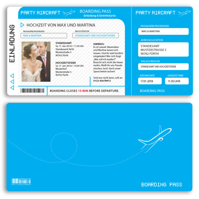 Hochzeitskarten als Flugticket - Cyan