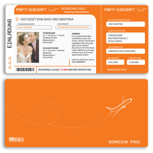 Hochzeitskarten als Flugticket - Orange