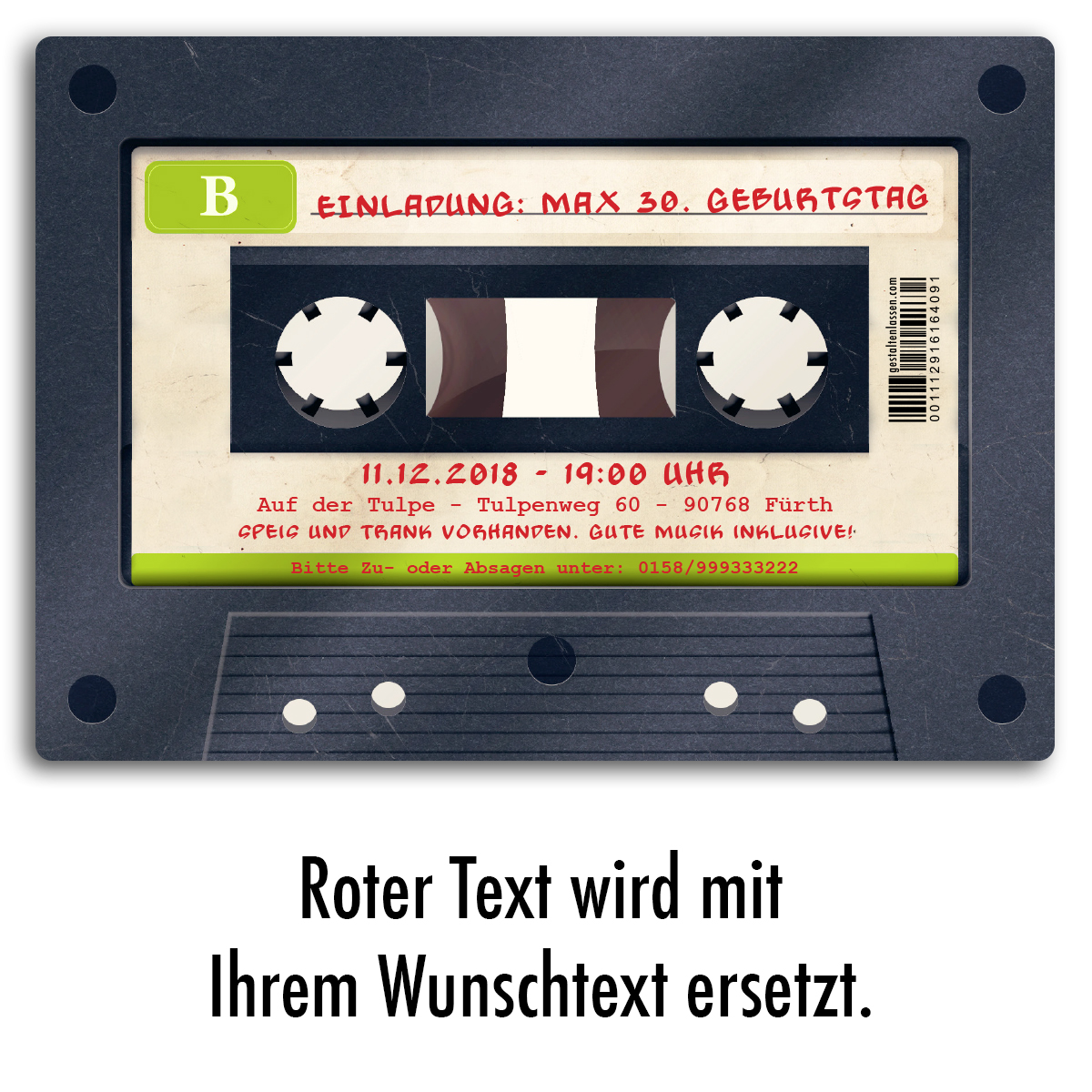 Musikkassette Motiv Einladung Einladungskarten zum Geburtstag 60 St/ück als Kassette