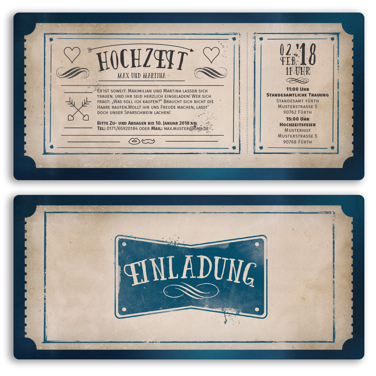 Einladungskarten zur Hochzeit als Eintrittskarte im Vintage-Look Hochzeitskarten