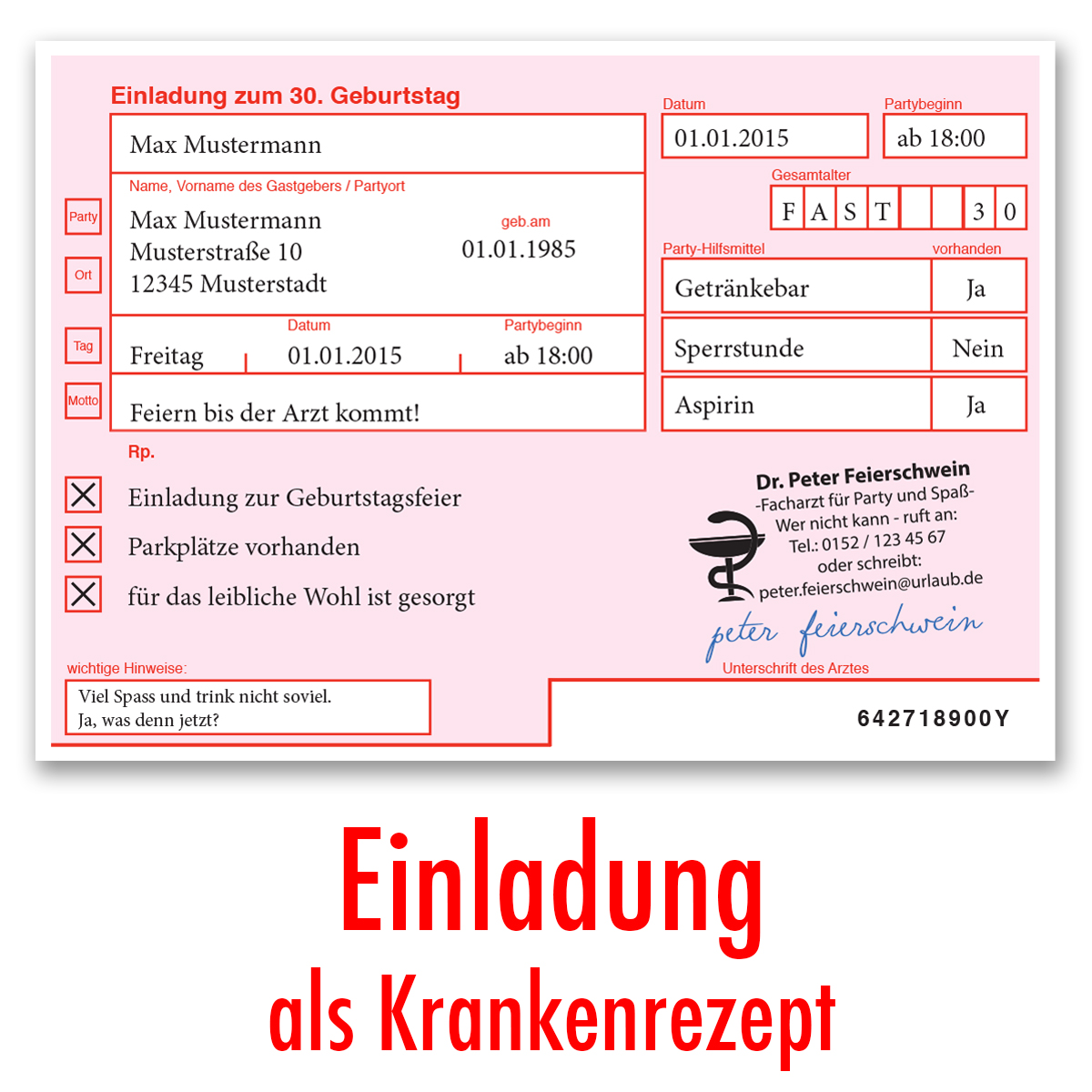 Einladungskarten zum Geburtstag als ärztliches Rezept Arzt Party